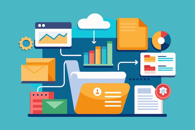 Vector a vibrant digital display showing folders charts and cloud storage for effective data organization input data into folders