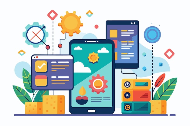 Vector a vibrant digital workspace showcases customizable mobile development interfaces with engaging graphics mobile development customizable disproportionate illustration