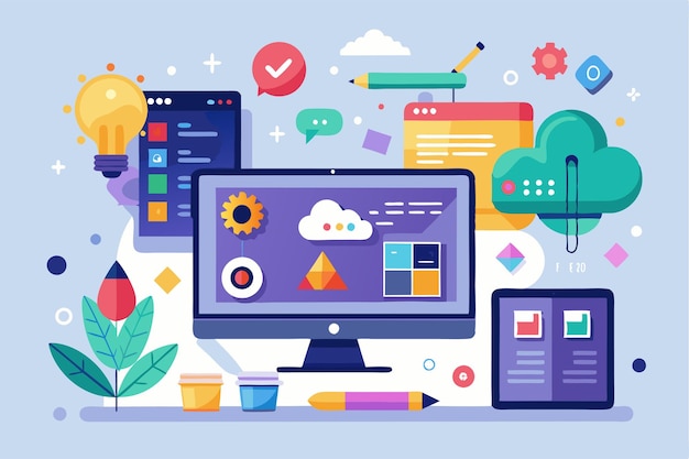 Vector a vibrant digital workspace showcases tools and elements for customizable flat illustration creation customizable flat illustration software for all platforms