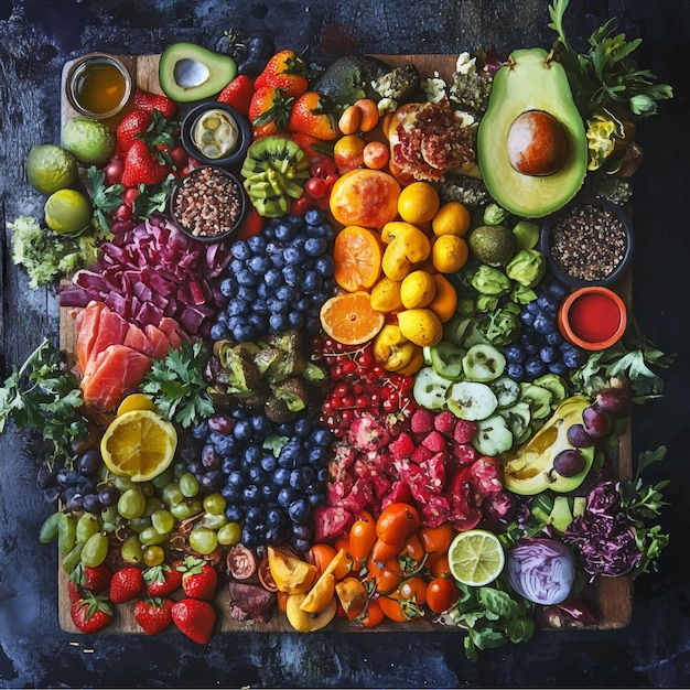 A Vibrant Display of Fresh Fruits and Vegetables on a Dark Surface Showcasing an Array of Colors