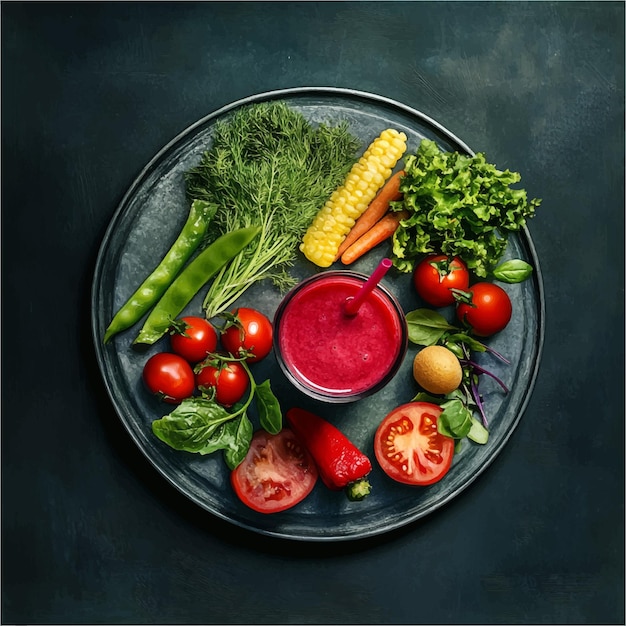 Vector a vibrant display of fresh healthy vegetarian food on a plate with a glass of beetroot juice feat