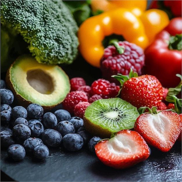 Vector vibrant display of fresh organic fruits and vegetables on dark background showcasing healthy eati