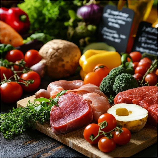 A Vibrant Display of Fresh Organic Vegetables Fruits and Meats on a Rustic Wooden Surface with a