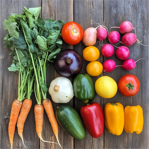 A Vibrant Display of Fresh Organic Vegetables and Fruits on a Wooden Surface