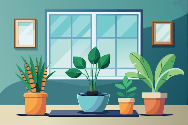 Vector a vibrant display of indoor plants arranged beside a sunny window in a stylish setting indoor plants customizable semi flat illustration