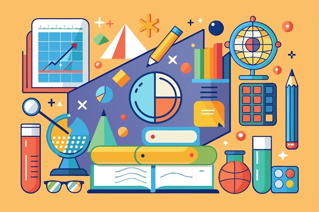 Vector a vibrant display of mathematical tools and concepts including books graphs and globes highlighting education mathematics customizable semi flat illustration