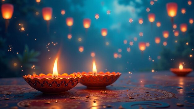 Vector vibrant diwali scene with oil lamps