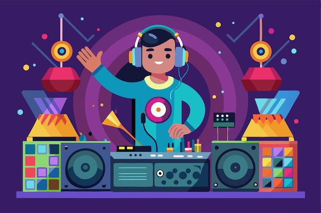 Vector a vibrant dj is performing with turntables and colorful sound equipment at a lively party scene customizable dj party illustration