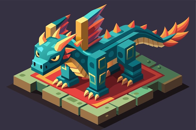 A vibrant dragon illustration showcases unique features and customizable elements in an isometric design on detailed terrain