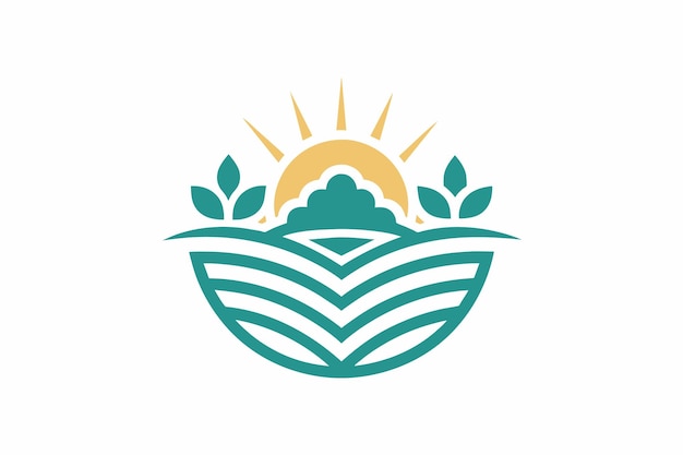 Vector a vibrant emblem featuring stylized wheat and a rising sun against a backdrop of mountains symbolizing agriculture and nature in harmony