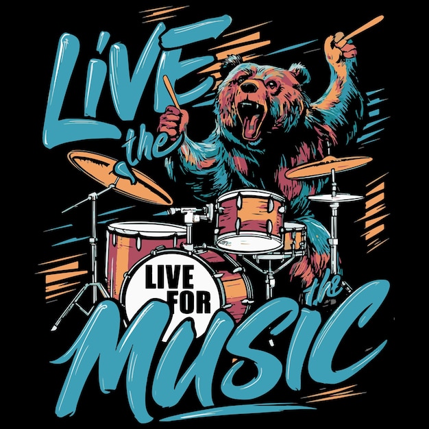 Vector a vibrant and eyecatching music tshirt design featuring a bear rocking out on a drum set