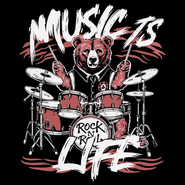 Vector a vibrant and eyecatching music tshirt design featuring a bear rocking out on a drum set