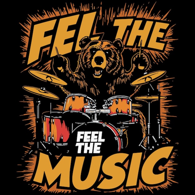 Vector a vibrant and eyecatching music tshirt design featuring a bear rocking out on a drum set