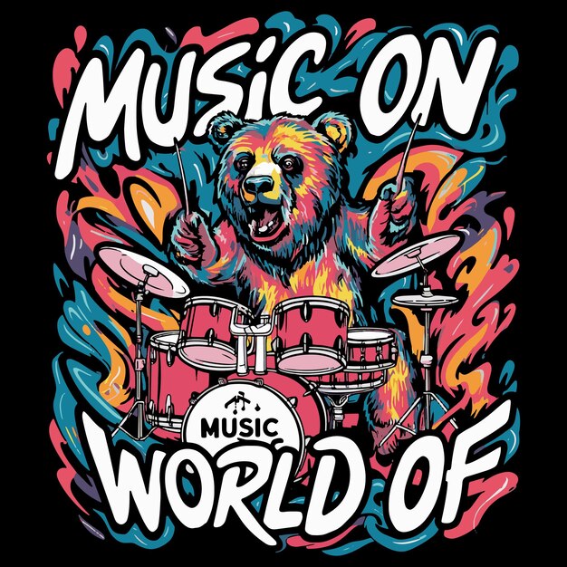 Vector a vibrant and eyecatching music tshirt design featuring a bear rocking out on a drum set