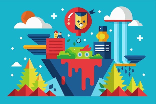 Vector a vibrant fantasy landscape showcases a colorful downfall with whimsical elements and playful characters in a bright cheerful atmosphere