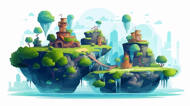 Vector vibrant fantasy landscape with floating islands