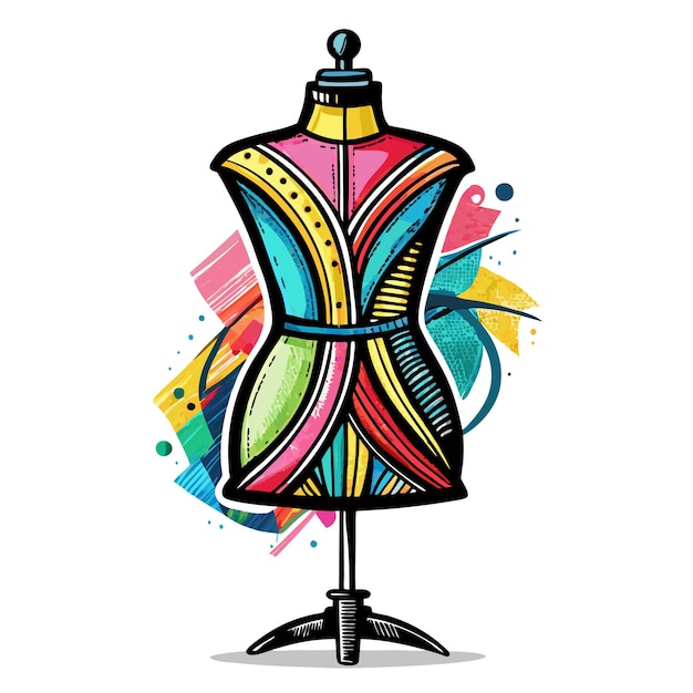 Vector vibrant fashion mannequin illustration with geometric patterns and abstract background