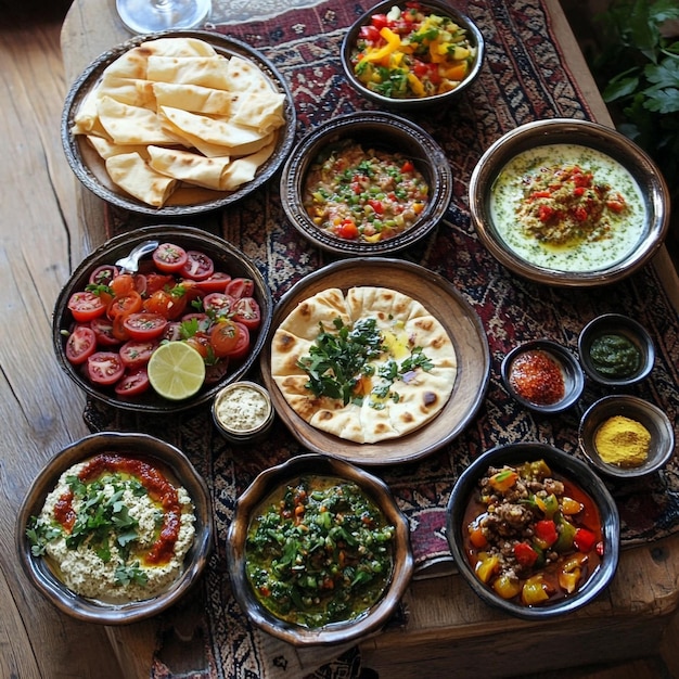 A Vibrant Feast of Middle Eastern Delights Colorful Mezze Spread with Diverse Flavors and Textures