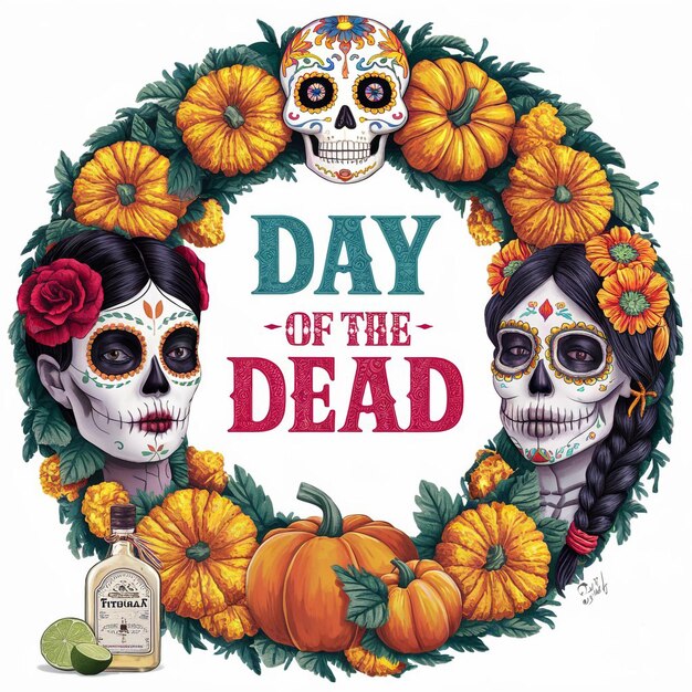 Vector vibrant and festive illustration styled in a day of the dead theme