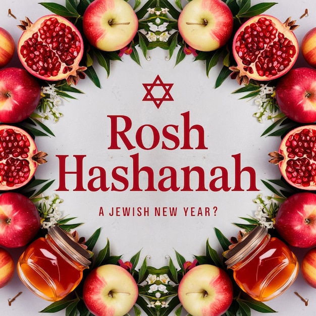 Vibrant and festive image styled as a promotional poster for Rosh Hashanah the Jewish New Year