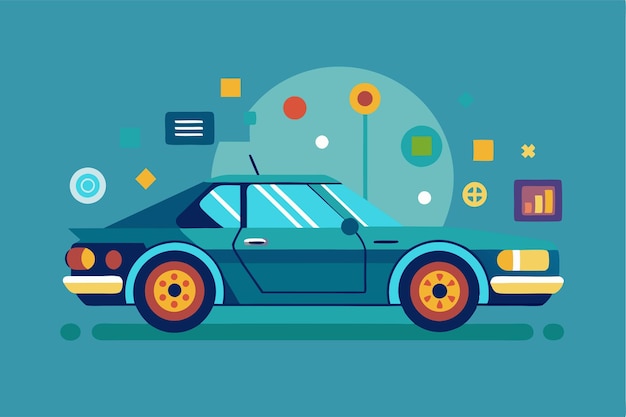 Vector a vibrant flat design showcases a classic car surrounded by geometric shapes and data visuals customizable flat illustration for driving