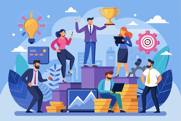 A vibrant flat illustration depicting diverse professionals overcoming business challenges through teamwork and innovation in a modern office setting