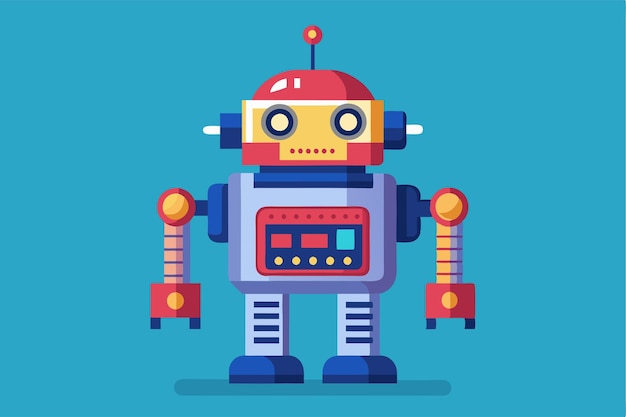 A vibrant flat illustration depicting a retrostyled robot with distinct features and a playful appearance Customizable flat illustration of robotics