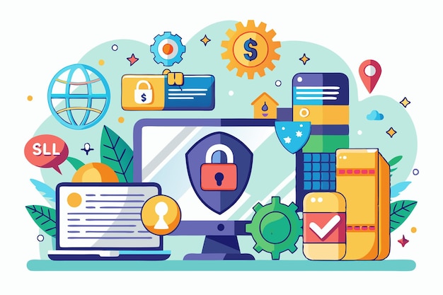 A vibrant flat illustration depicts SSL security featuring devices locks and icons representing data protection Creative concept for SSL with flat illustrations