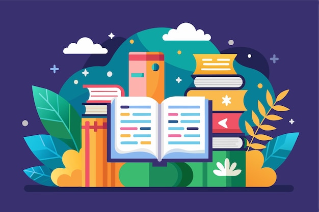 A vibrant flat illustration showcases a customizable reading list surrounded by colorful books and plants Reading list Customizable Flat Illustration