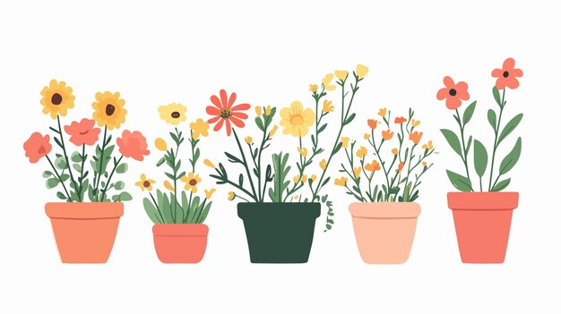 Vector vibrant flowers in pots concept for botany and gardening enthusiasts