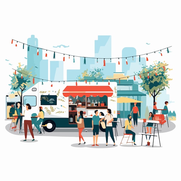 Vibrant Food Truck with Happy People Walking Beside It