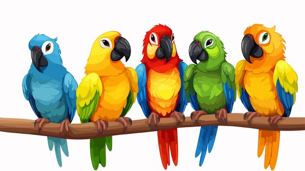 Vibrant Four Colorful Parrots Illustration on White Background