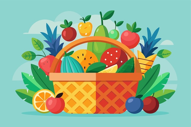 A vibrant fruit basket filled with assorted fruits set against a light blue background ideal for decoration Customizable fruit basket illustration with disproportionate elements