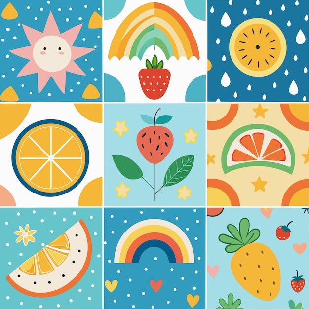 Vector vibrant fruit and pattern art playful strawberry orange watermelon and more