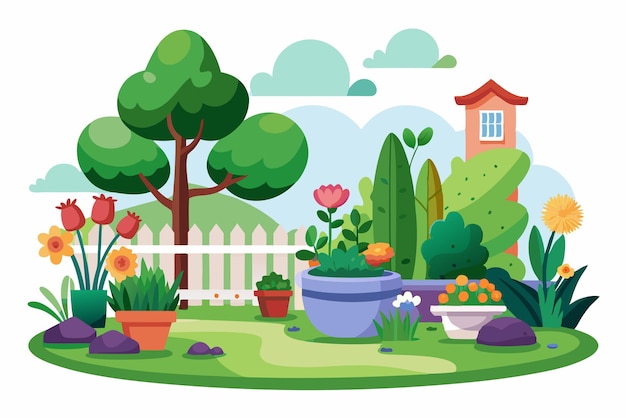 Vector a vibrant garden scene with flowers trees and a small house