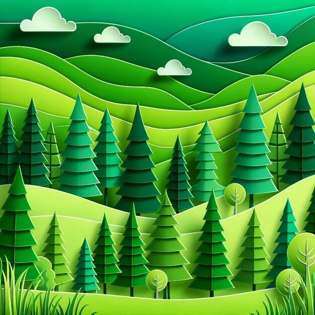 Vibrant green forest with stylized papercutout trees