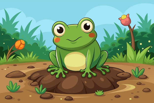 Vector a vibrant green frog with big eyes and rosy cheeks is perched on a muddy spot surrounded by colorful flowers and greenery under a clear blue sky