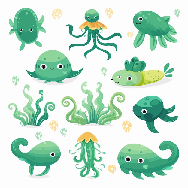 Vector vibrant green sea animals illustration for design projects