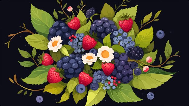 Vector vibrant greeting card design with ripe wild berries and fresh green leaves