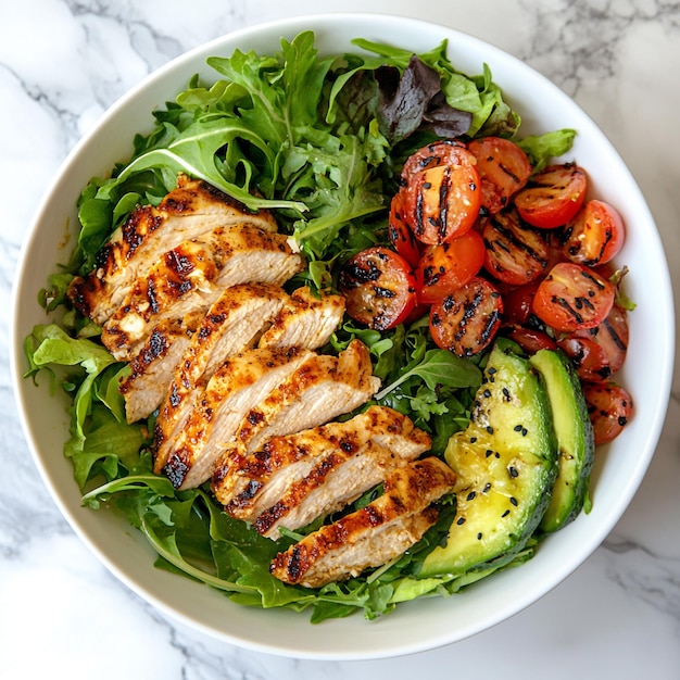 Vector vibrant grilled chicken salad a colorful medley of fresh greens roasted tomatoes and creamy avocado