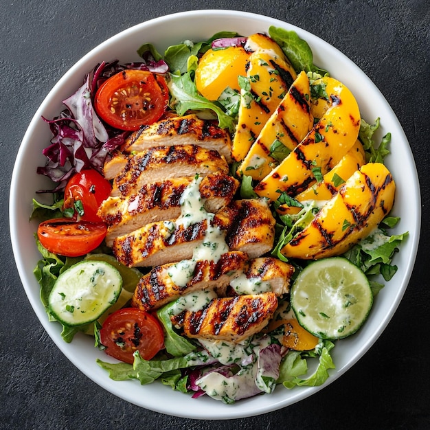 Vector vibrant grilled chicken salad a colorful medley of fresh greens roasted tomatoes and creamy avocado