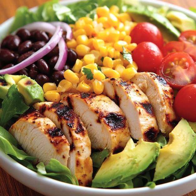 Vector vibrant grilled chicken salad with colorful vegetables avocado and cheese on a dark plate