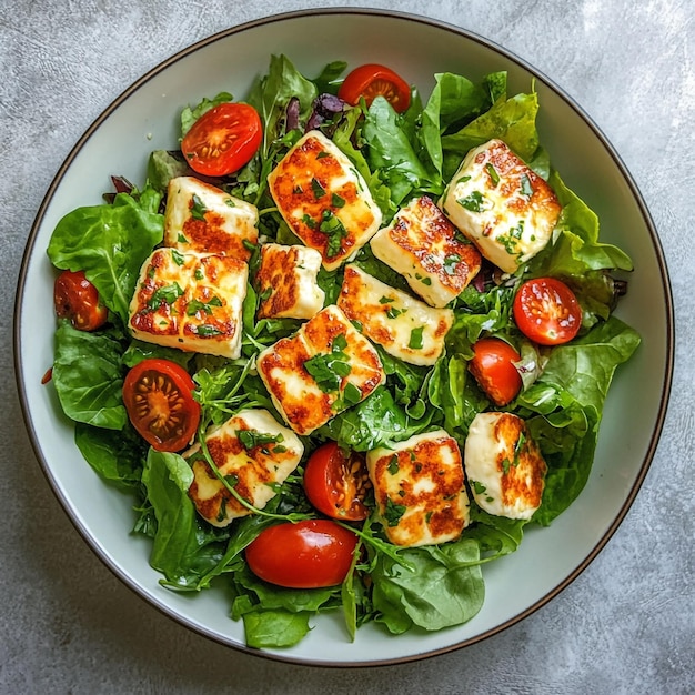 Vibrant Grilled Halloumi Salad A Delightful Fusion of Crispy Cheese Fresh Greens and Juicy Tomatoes