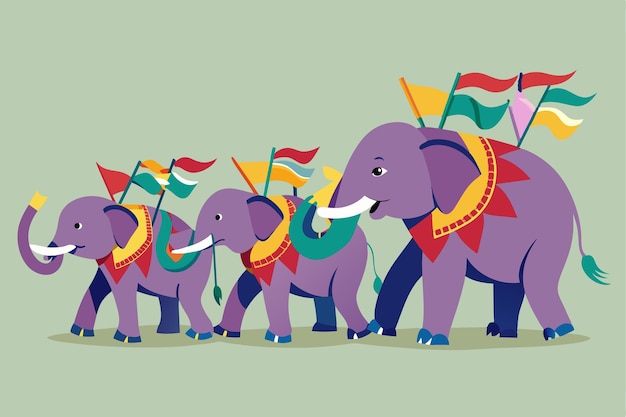 Vector a vibrant group of elephants parades in a line adorned with flags and decorative harnesses celebrating an unknown festive occasion