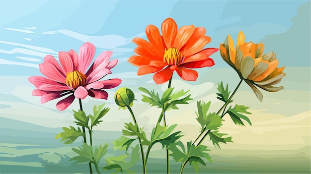 Vector vibrant group of three kamboja flowers with green background