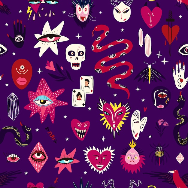 Vibrant Halloween pattern with magical mystical esoteric magical Gothic symbols