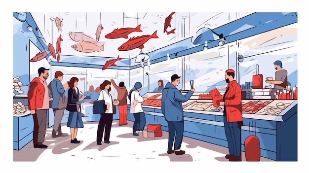 Vector vibrant handdrawn fish department illustration