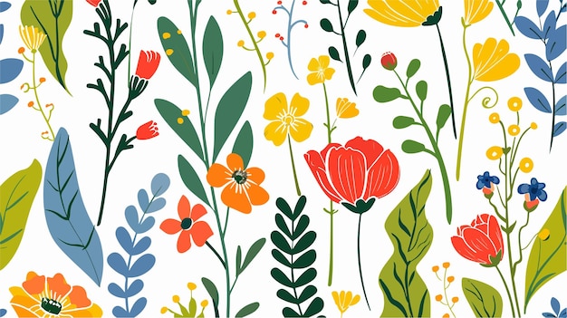 Vector vibrant handdrawn floral illustration with various colorful flowers and leaves