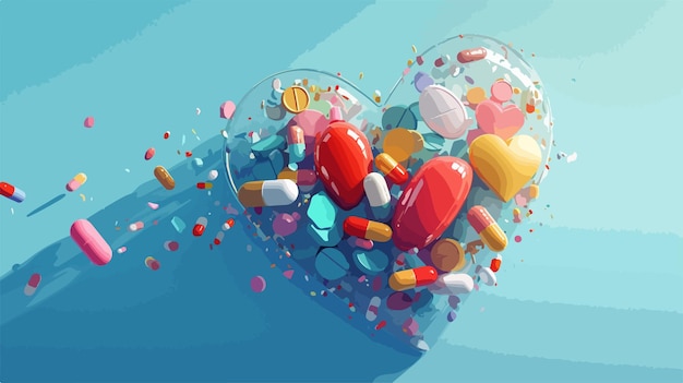 Vector vibrant heart made of colorful medical pills and capsules