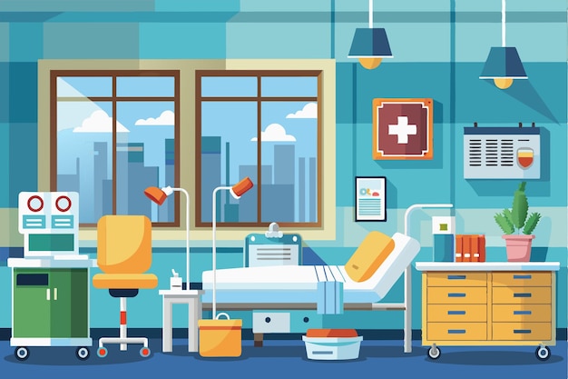 A vibrant hospital room designed for comfort showcasing medical equipment and a cozy atmosphere for patients Hospital room Customizable Disproportionate Illustration